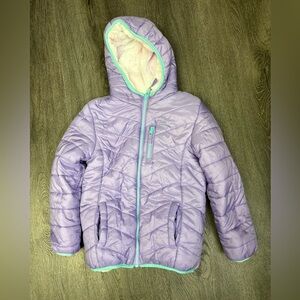 Eddie Bauer Kid Reversible Puffer Plush Jacket Hooded Small 7/8 Purple & Tie Dye